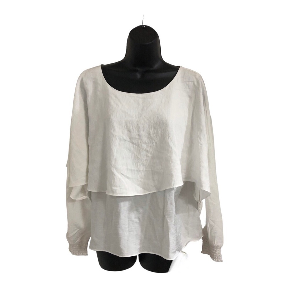 Andrew Marc New York white hi low‎ layered crinkled look cuff sleeve blouse sz M